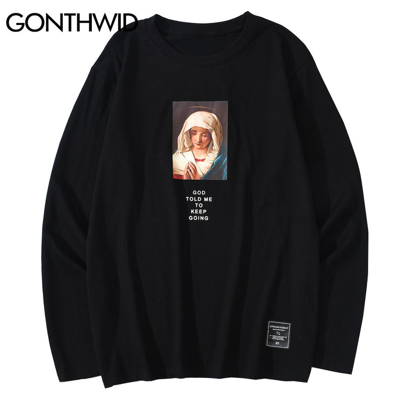 

Virgin Mary Print Long Sleeve Cotton Tees Shirts Streetwear Mens Harajuku Hip Hop Fashion Casual Tshirts Tops Male, White