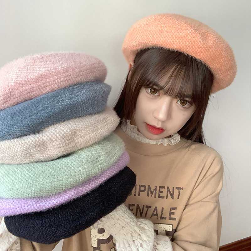 

Women Girl Berets Autumn Winter Hat Artist Warm Hat Lady Plush Vintage Berets Solid Color Caps Female Bonnet Warm Walking Cap, Black