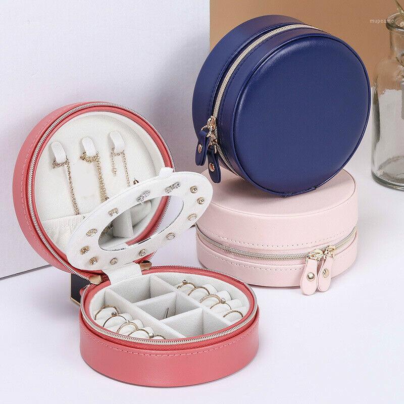 

Portable Round Jewelry Box Travel Zipper PU Leather Jewellery Packaging Display Organizer Gift Box Earring Storage Case1