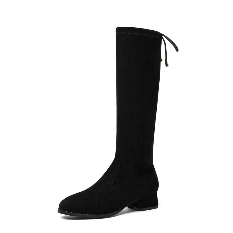 

New 2021 Round Toe Square Heel All Match Knee High Boots Flock Not Lace-up Casual Autumn Winter Women Shoes Size 34-43 Duvb, Black