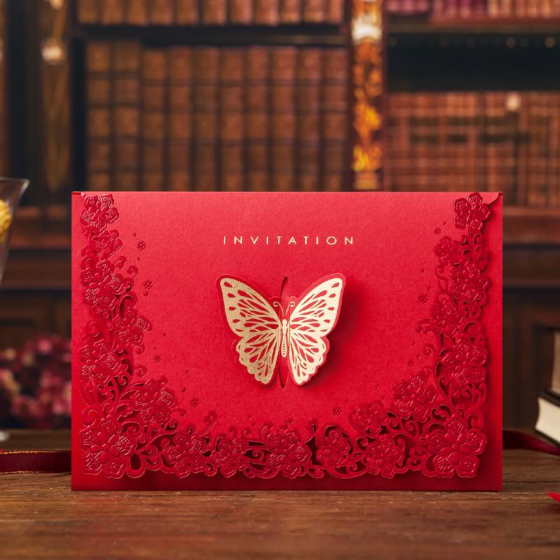

Vintage Wedding Supplies China Laser Cut Luxurious Butterflies Wedding Invitations Red Elegant Invitation Paper Cards