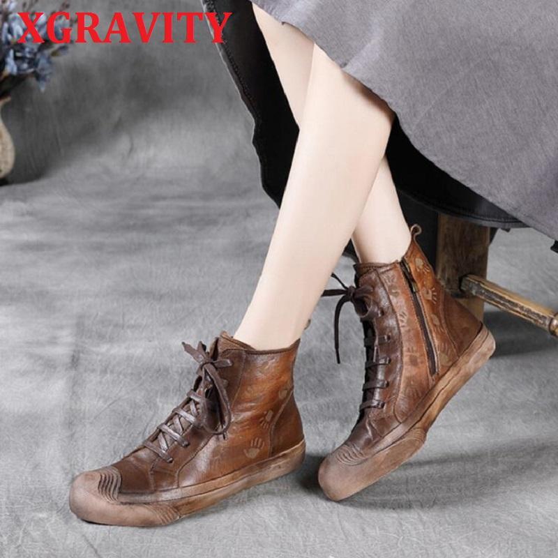 

XGRAVITY S098 Original Hand-made New Round Toe Cow Genuine Leather Women Boots Casual Fashin Short Boots Flat Ankle Ladies, Coffee