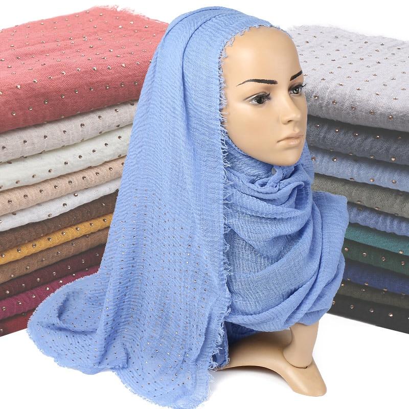 

Plain Color Bubble Cotton Maxi Muslim Women Hijab Turban Gold Diamonds Headband Fringe Edges Headscarf Long shawls 180X100CM