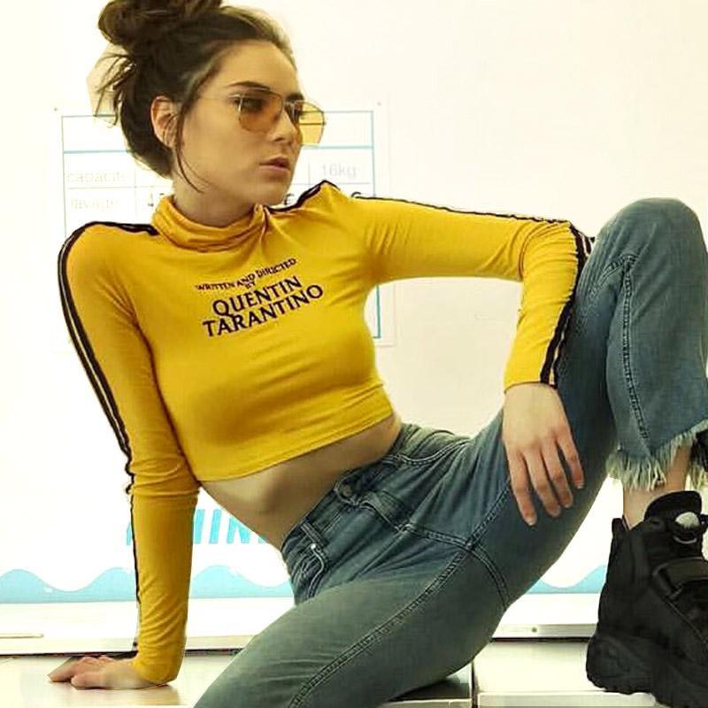 

ZHYMIHRET Summer QUENTIN TARANTINO Crop Tops Women Side Stripe Long Sleeve T Shirt Turtleneck Cotton Knitted Short Tshirt Femme1, Bodysuit