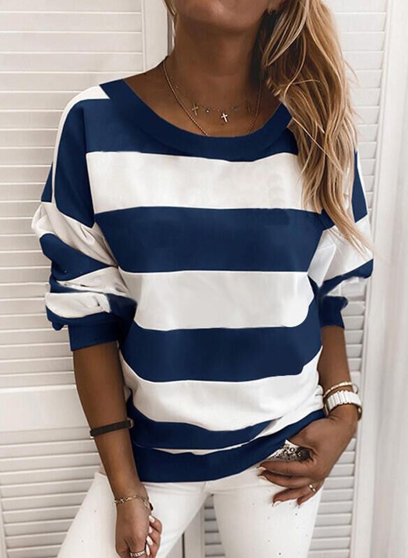 

Women Horizontal Stripes Sweatshirts Pullover Top Fashion Casual Long Sleeve Round Neck Sweatshirt Autumn Winter Loose Clothing For Female, Black