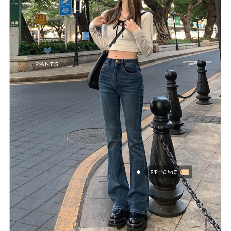 

2021 New Cultive Old-fashioned Hot Girl Retro Little Slim Body Long Horn Female Jeans PSFO, Blue