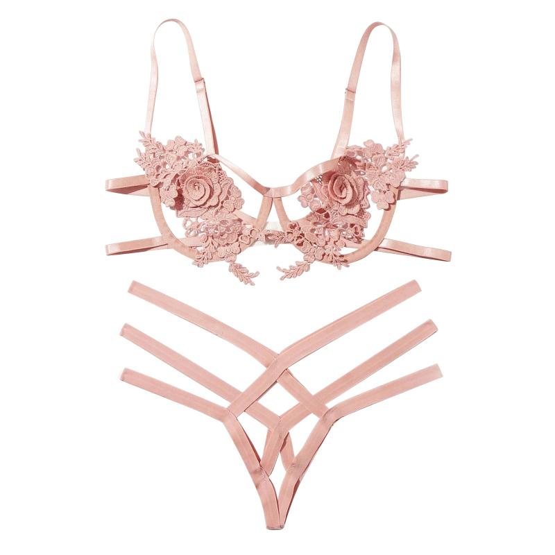 

Sexy Lingerie Lace 2pcs Bra Set Bralette Bralet Bras G-string Panties Temptation Rose Underwear With Steel Ring G-string Thong#N, Pink