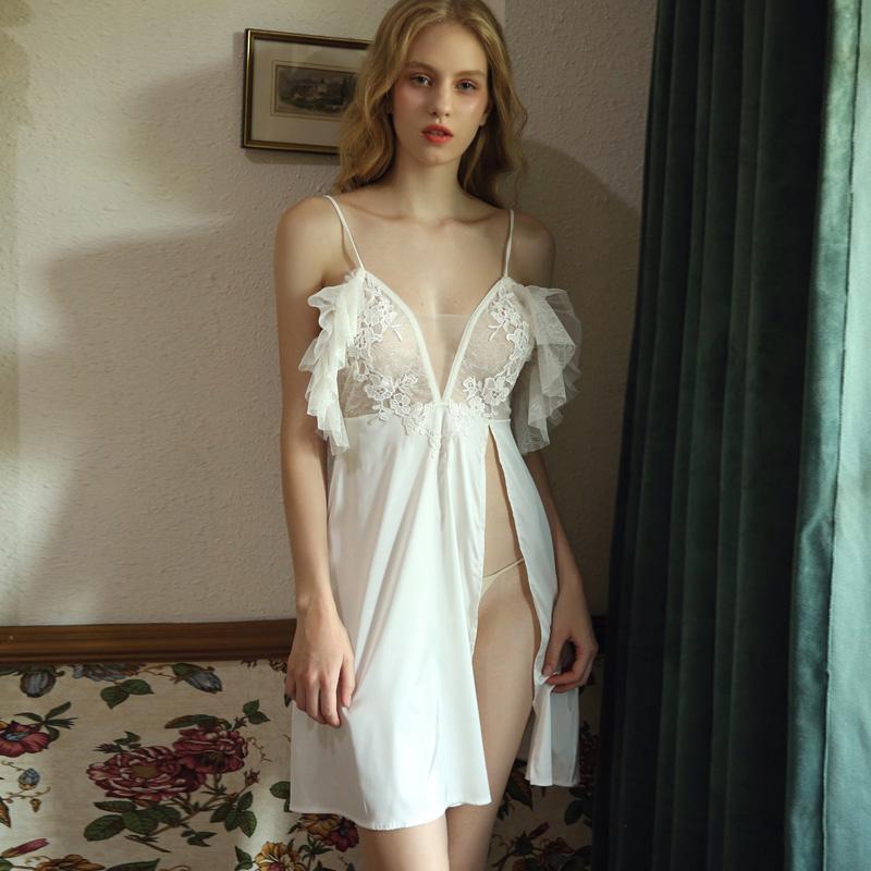 

White Princess Nightgwons Female Ruffled Sleeveless Sling Dress Ice Silk Side Split Sexy Lace Nightdress Women Sleepwear