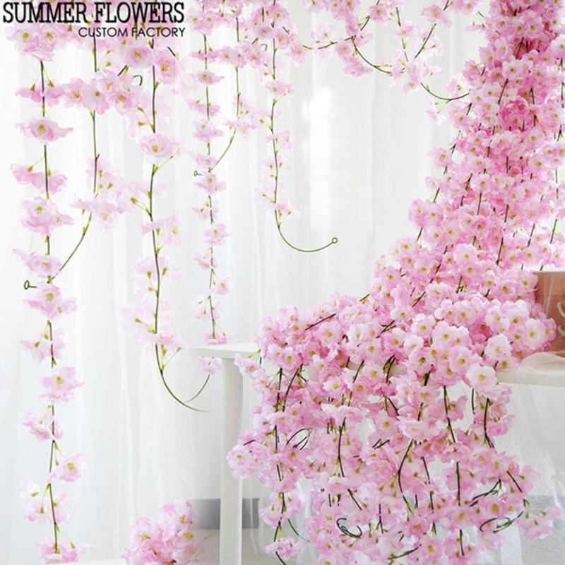

2021 New Cherry Rattan Wedding Arch Decoration Artificial Vine Flowers Silk Ivy Bride Room Decoration Hanging Garland, White