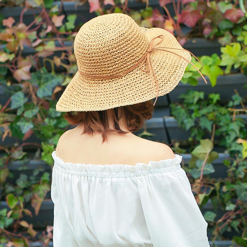 

Korean version of foldable hand-made straw hat with big brim for women in summer, D-18 thin bow beige