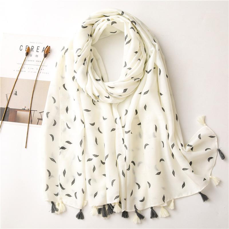 

High Quality Long Women Hijab Scarf Feather Printed Shawls and Wraps White Color Warm Ladies Scarves With Tassels1