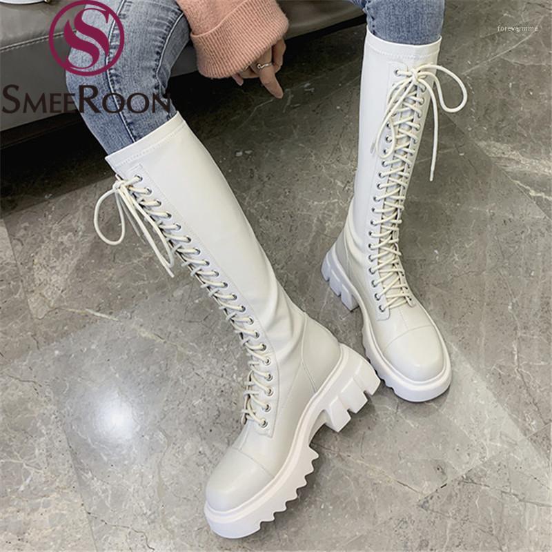 

Smeeroon 2020 New Arrival Women Boots Genuine Leather Boots Thick Heels Square Toe Platform Winter Knee High1, White