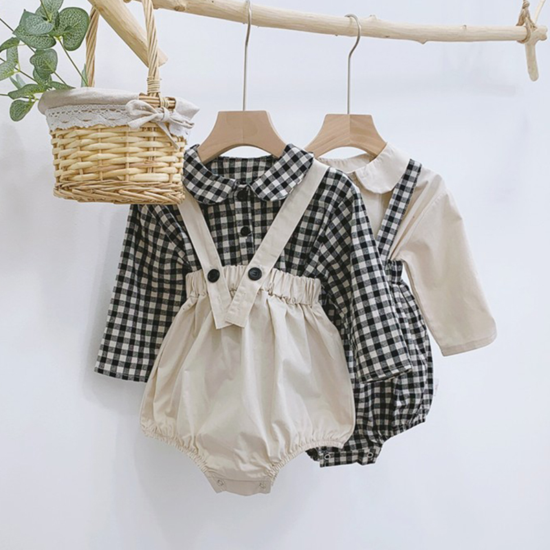 

2021 New Girls Clothes Doll Collar Shirt + Overalls Outfits 2pcs Kids Clothing Newborn Korean Toddler Fashion Baby Boy Set 1p11, W1051plaid