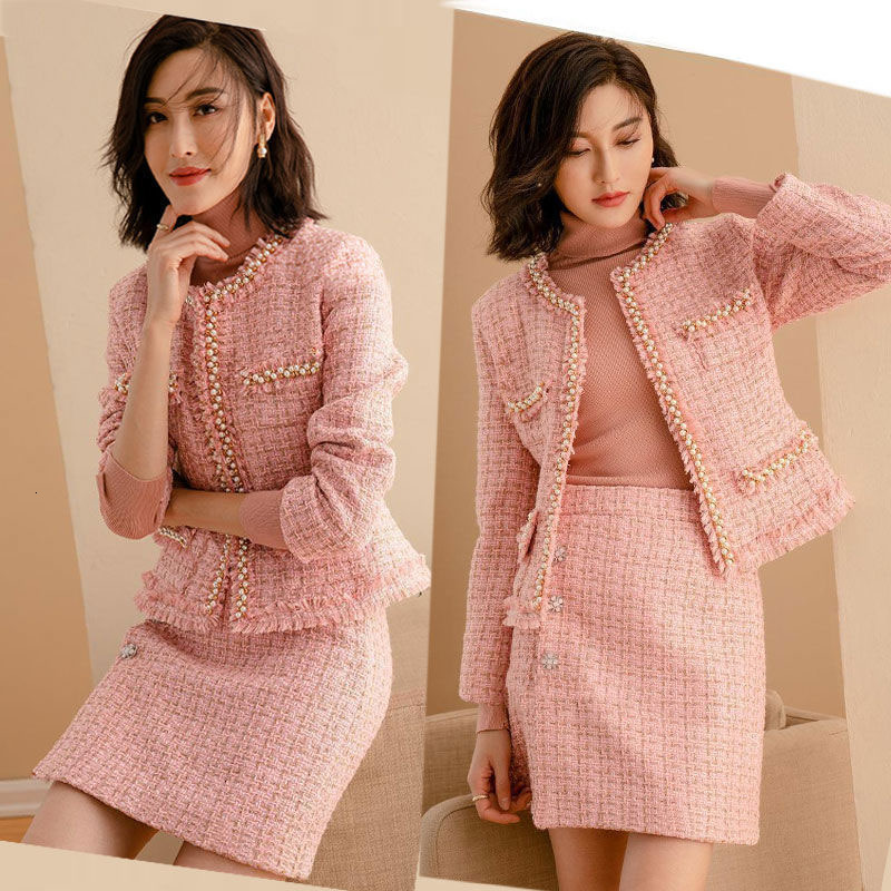 

Vintage Autumn Tweed Two Pieces Fashion Set Temperament Short Jacket + Skirts Define Female Casual Office Clothes R668 Then, Photo color