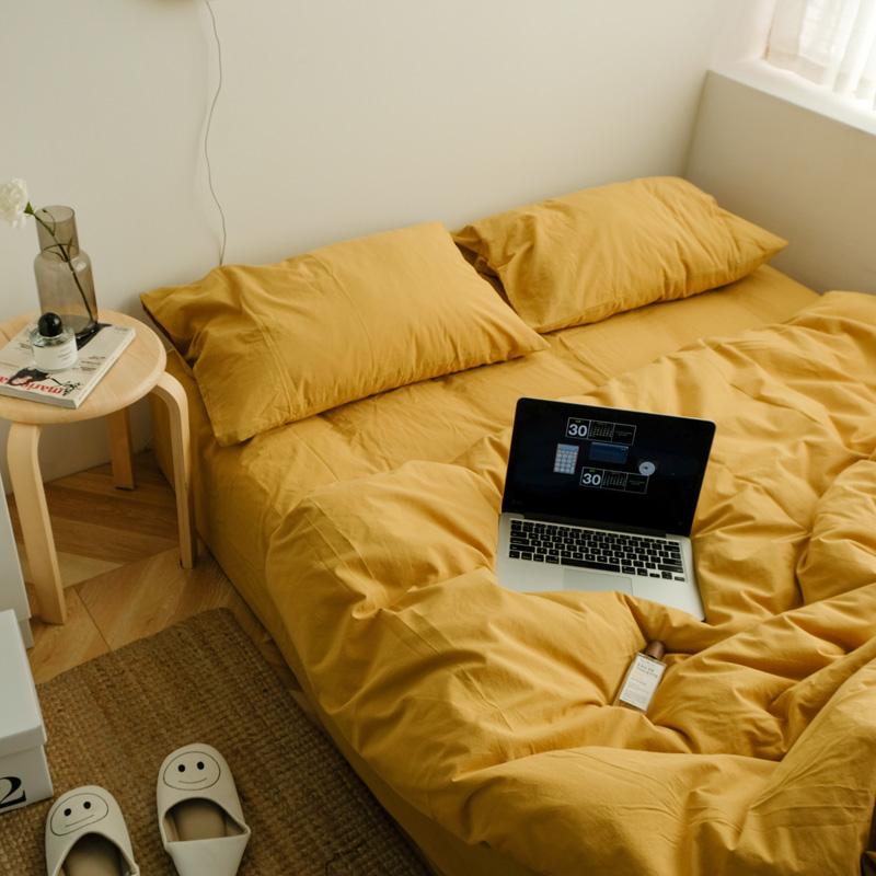 

Nodic Solid Bedding Set Yellow Grey Fitted/Flat Sheet+Duvet/Quilt Cover+Pillowcase Washed Cotton  Bedclothes Home Textile