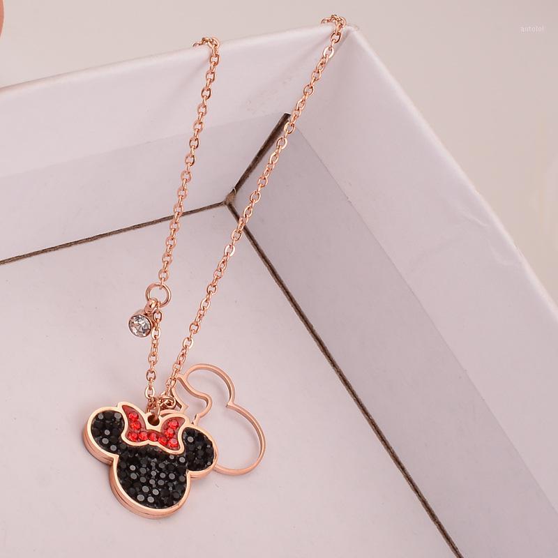 

Titanium steel plated rose gold bow cartoon character necklace with gold collarbone chain jewelry1