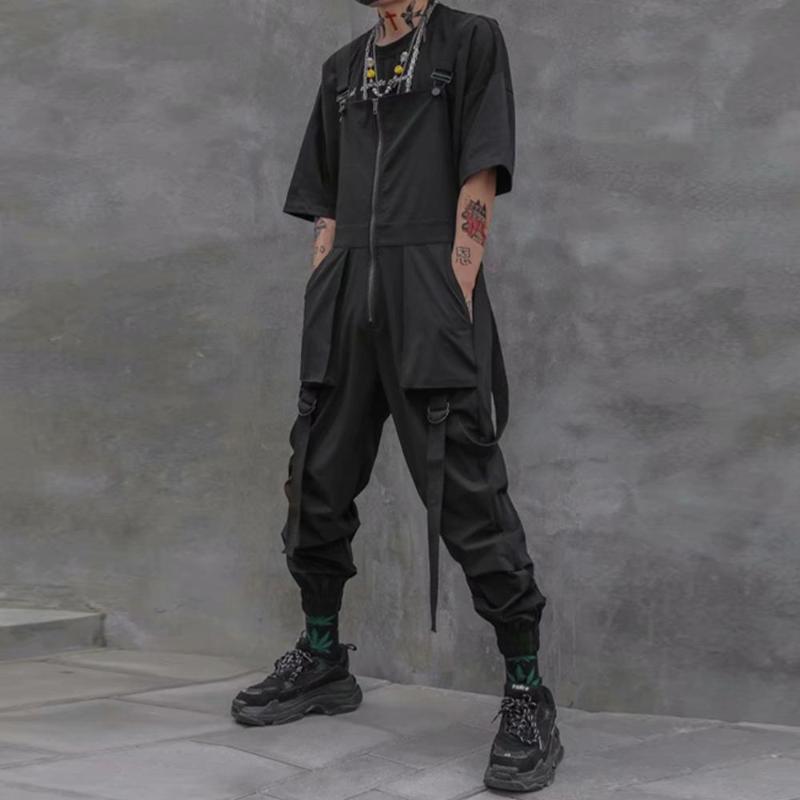 

AprilMOMO Tactical Function Overalls Harajuku Hip Hop Ribbons Cargo Pants 2020 Zipper Dark Joggers Mens Trousers Streetwear, Black