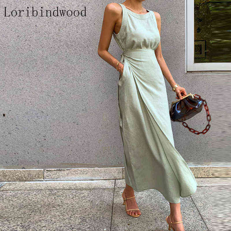 

2021 New arrival Fashion Elegant Sleeveless Dress For Women O Neck Sleeveless High Waist Summer Solid Midi Dresses G1223, Green