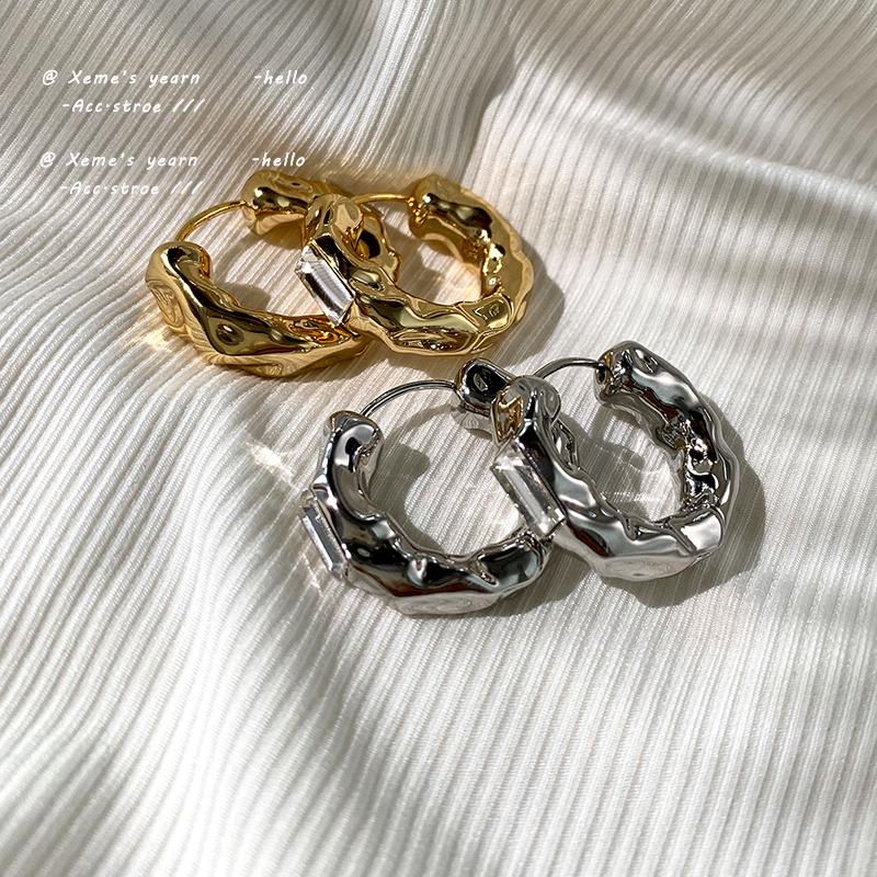

Hoop & Huggie Simple Concave Convex Irregular Round Copper Alloy Earrings In Europe And America Accessories For Korean Fashion Jewelry Woman, Golden;silver