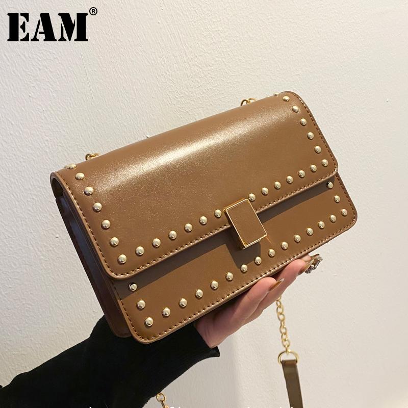 

[EAM] Women New Metal Chains Square Rivet PU Leather Flap Personality All-match Crossbody Shoulder Bag Fashion Tide 2021 18A1550, Black