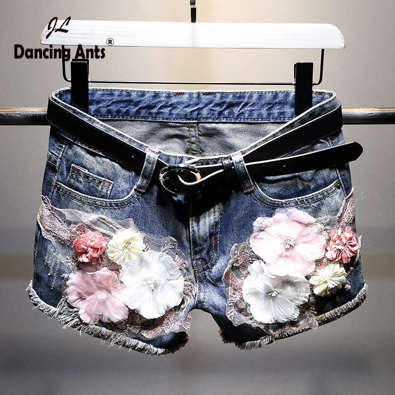 

Women Jeans Skirt Shorts Feminino Denim Flowers Print Leg-openings Plus Size Ripped Sequins Zipper Shorts With Pockets Y200822, Blue