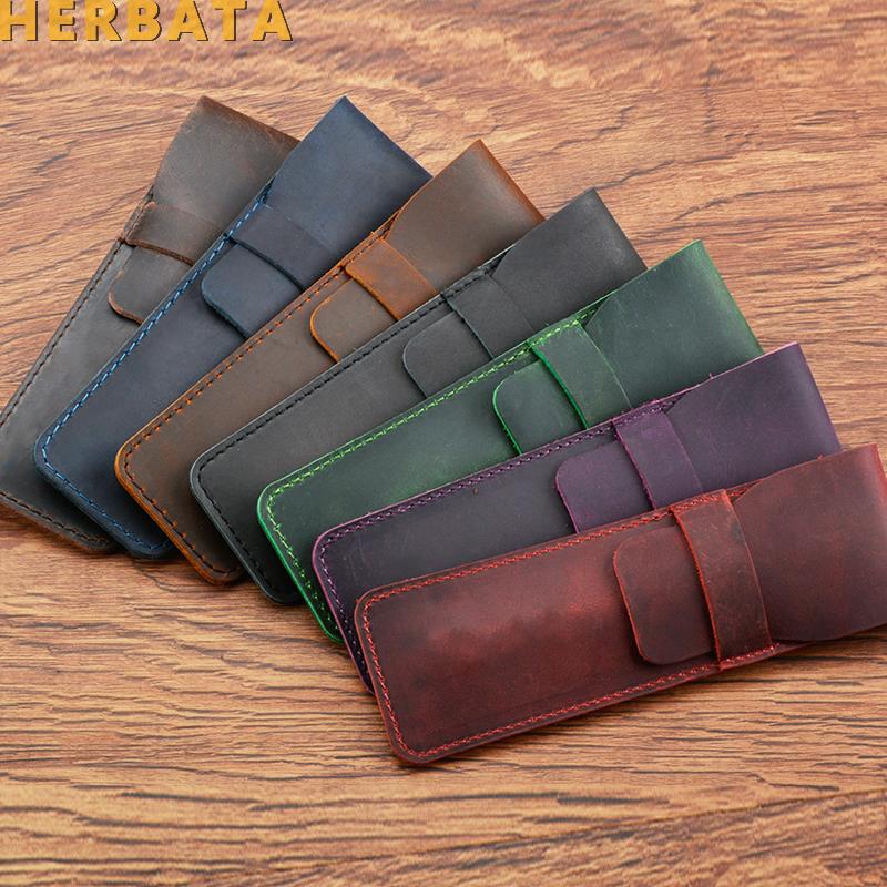 

Retro handmade leather personality crazy horse head layer protective sleeve pen pencil case school supply small pen bag storage
