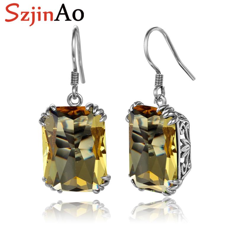

SzjinAo Oxidized Earrings For Women Yellow Topaz Black Process Silver Earrings Real 925 Sterling Silver Cute Fine Jewelry Gift
