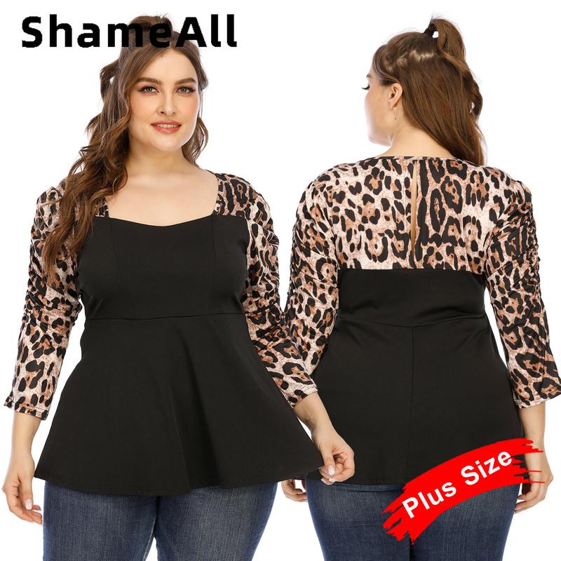 

Elegant Plus Size Leopard Splicing Blouse Women 2020 Casual Full Sleeves Shirts Autumn Tops 4XL Long Sleeve Clothing for Ladies, Black