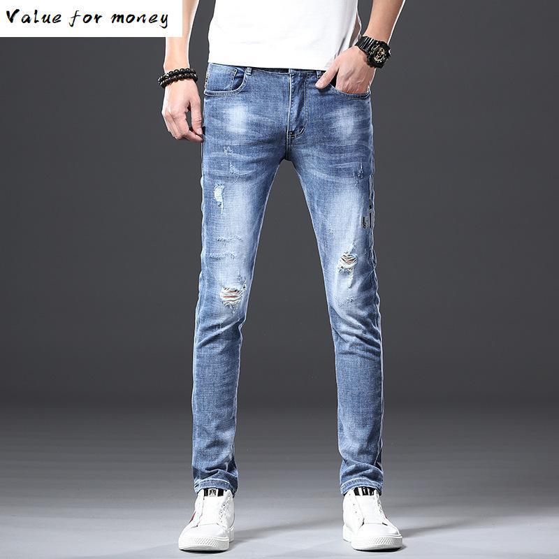 

2020 Top New Quality Long Full Trousers Jeans Men Cotton Fabric Clothing Male Causal Solid Blue Gary Pants mens, Light gray