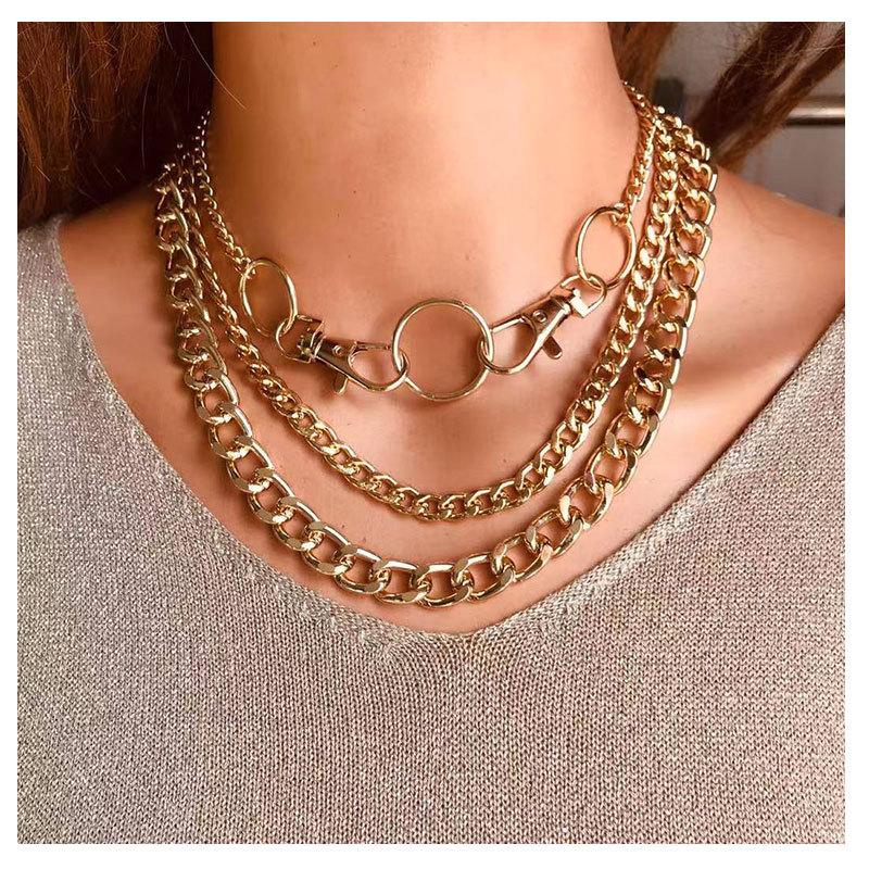 

Gold Keychain Chokers Multi Layer Alloy Collar Round Connect Party Jewelry Punk Collier Bulk Thick Chain Necklace & Pendant