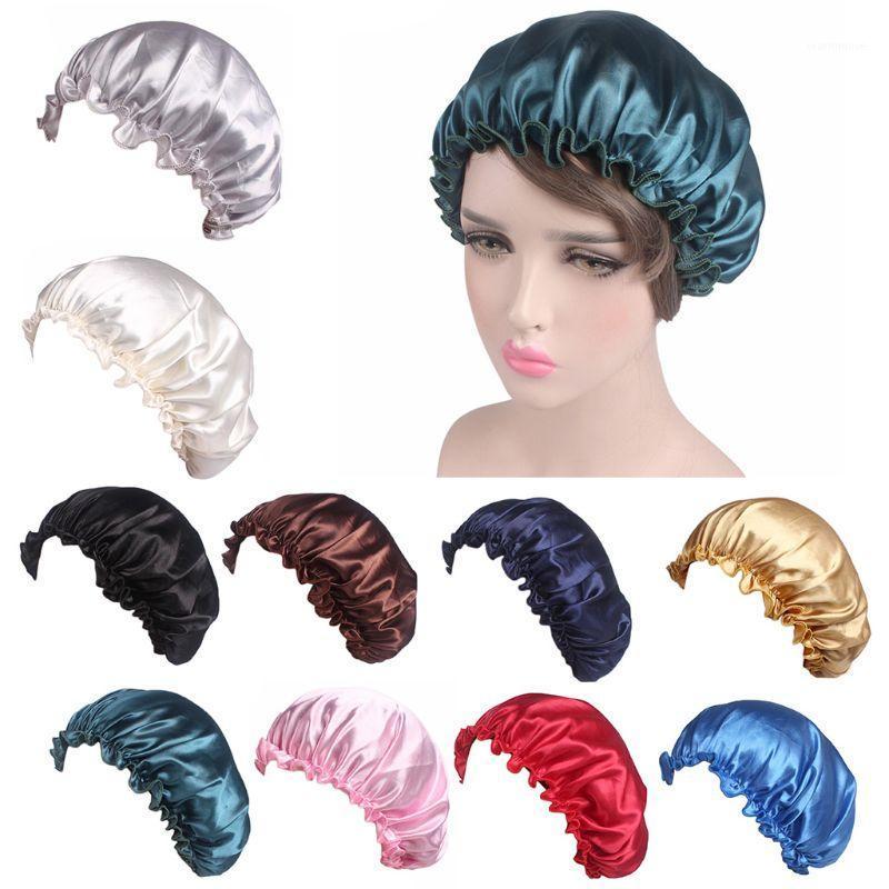 

Women Satin Silky Bonnet Sleep Night Cap Shiny Solid Color Ruffles Hair Loss Chemo Hat Elastic Curly Hair Head Cover1, Black