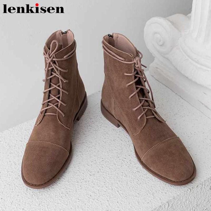 

Lenkisen winter basic breathable sheep suede shoes round toe low heels keep warm solid daily wear lace up women ankle boots L311, Black