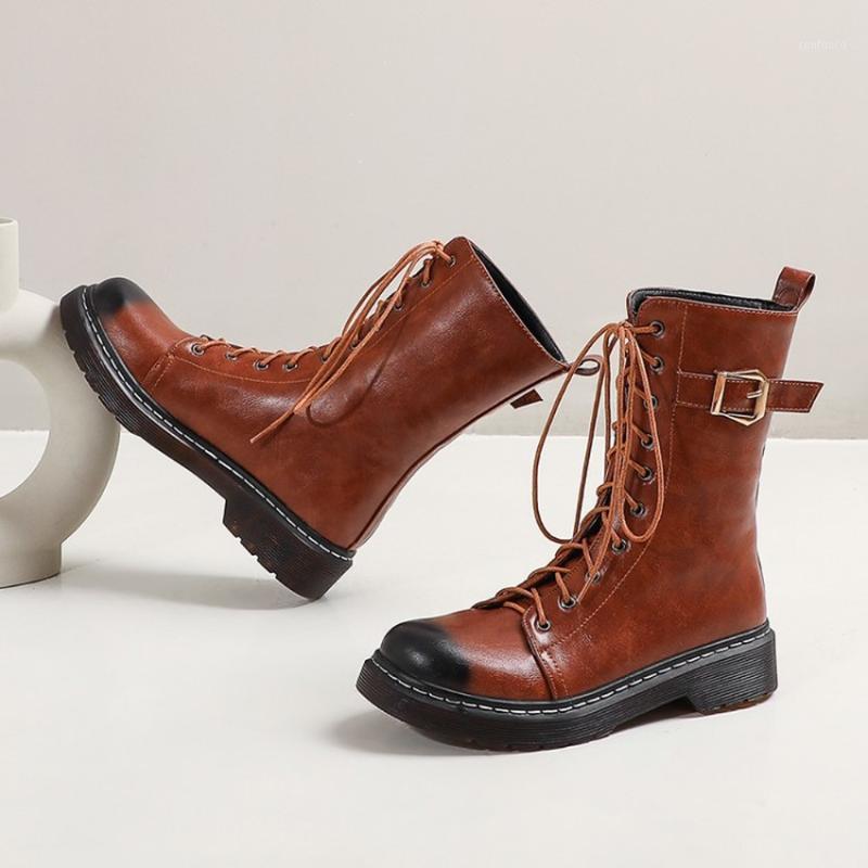 

Womens Ankle Boots Round Toe Retro Lace Up Belt Buckle Chunk Heel Shoes Punk Match Colors Motorcycle Plus Size 34-43 Warm Winter1, Black