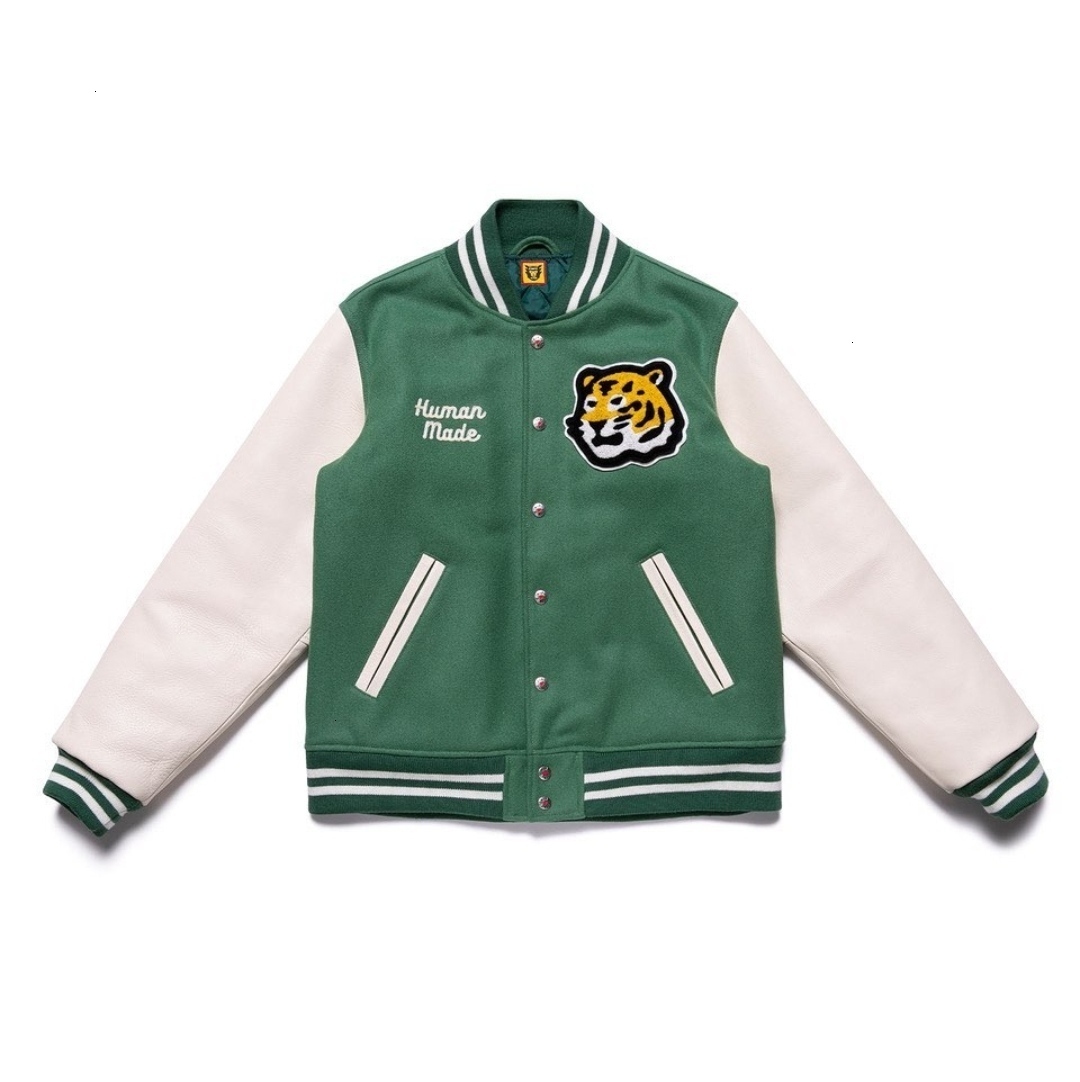 

h made 20aw chest tiger leather sleeve wool hot dog coat casual Baseball Jacket cotton padded jacket, Green