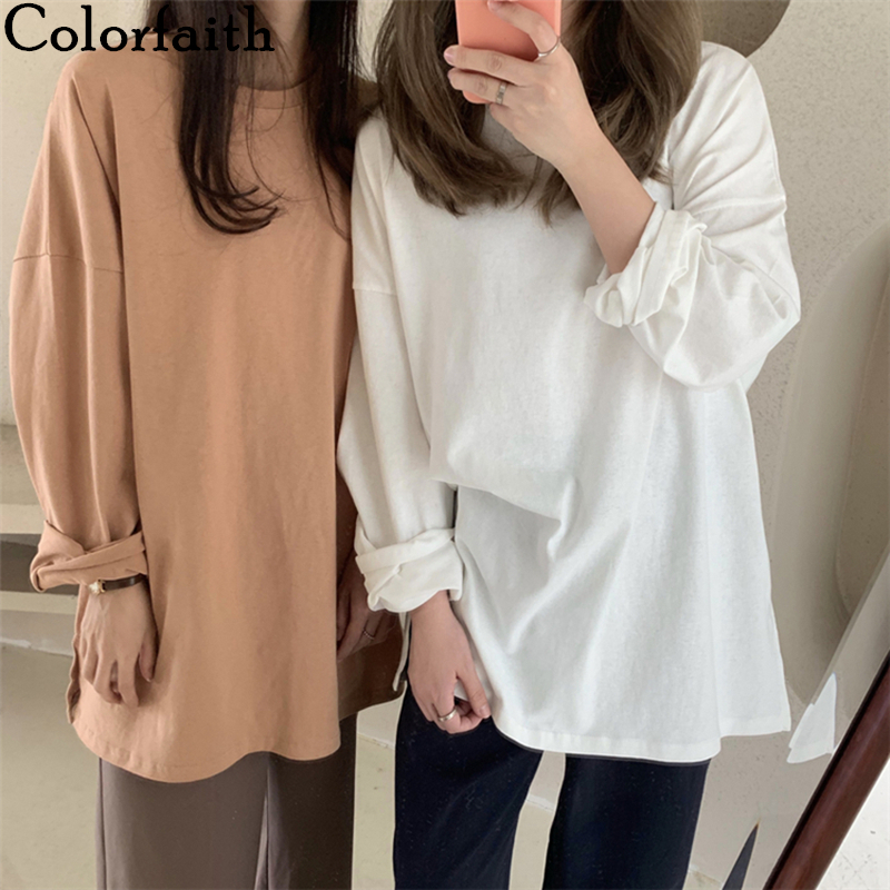 

Colorfaith New Women Spring Autumn T-Shirts Oversize Solid Bottoming Long Sleeve Wild Korean Minimalist Style Tops T601 201125, Camel