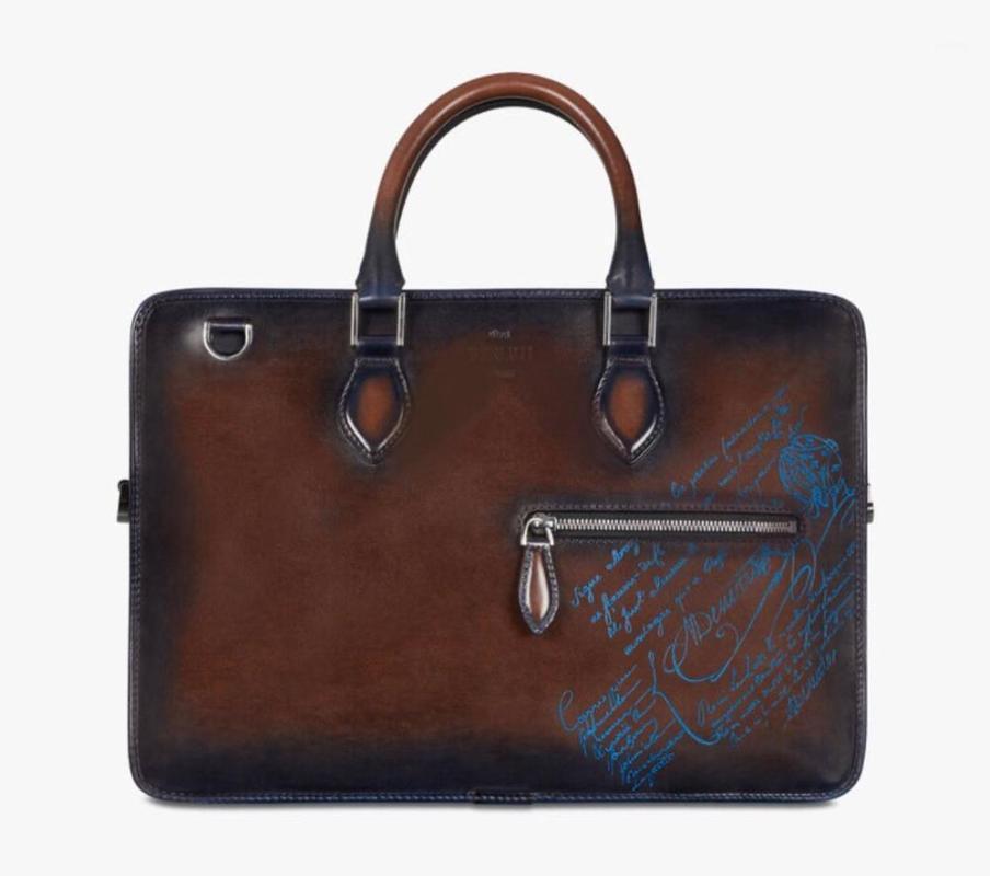 

2020 men's business casual nylon bag leather bag printing handmade hand painted briefcase1, Brown