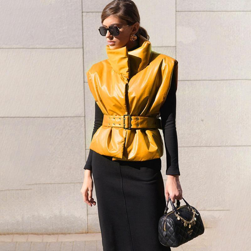 

High Street Cotton Outwear Jacket Women Sleeveless Turtleneck Sashes Jacket Winter Autumn Casual High Waist Slim Short1, Yellow