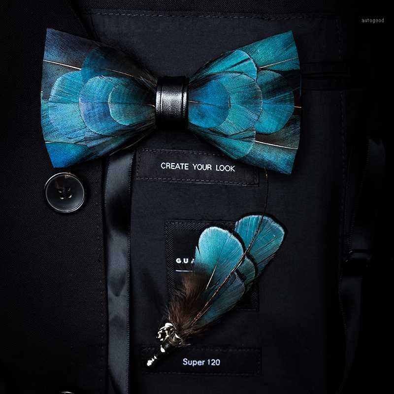 

Neck Ties Male Natural Feather Handmade Classic Blue Piece Noble Wedding Groom Banquet Hosted Tourism Gifts Bow Tie Set1