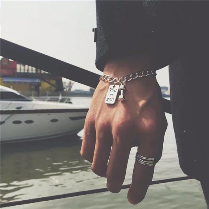 

Fashion Hiphop Titanium steel Cuban Bracelet Letter YOU ME Dumbbells Rock Braclet For Men Women Armband Jewelry Homme