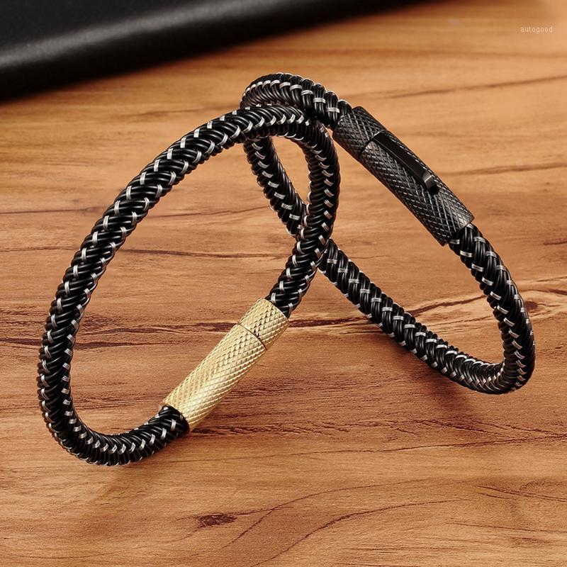 

Charm Bracelets Punk Threaded Button Metal Weaving Bracelet For Men Women Stainless Steel Twining Classic Style Black Bangle High Quality1