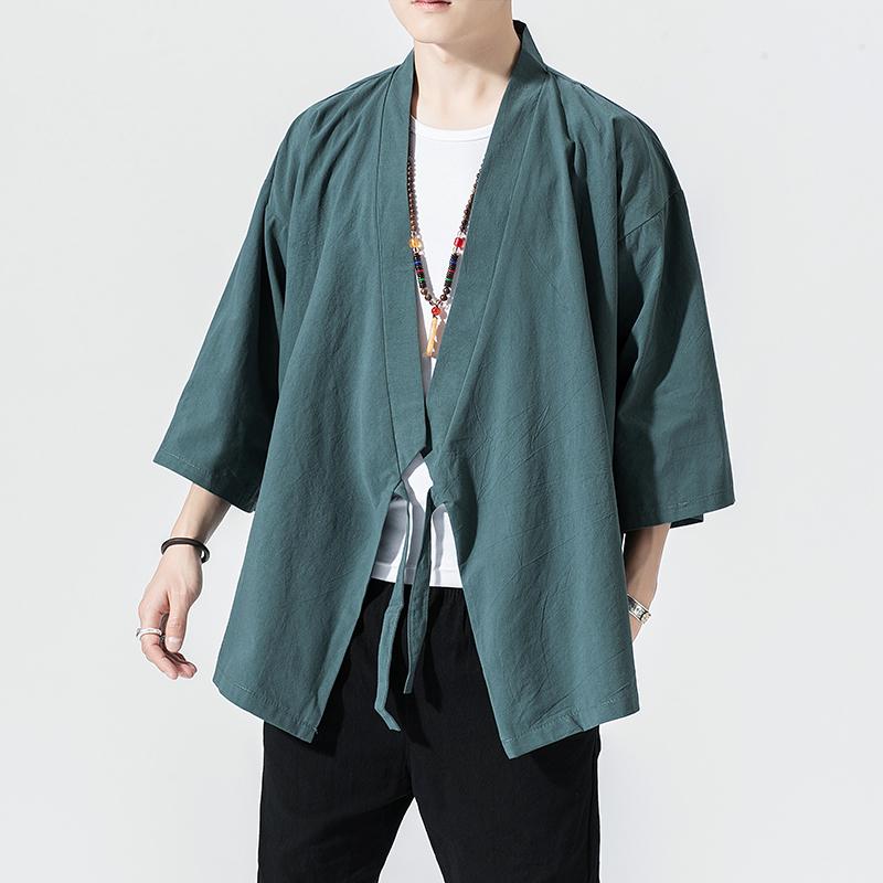 

Men Cotton Linen Shirts Men Kimono Traditional Open Stitch Shirt Male Three Quarter Sleeve Shirt, Black