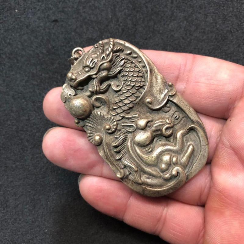 

Antique Ancient old Tibetan silver dragon horse spirit tag pendant necklace
