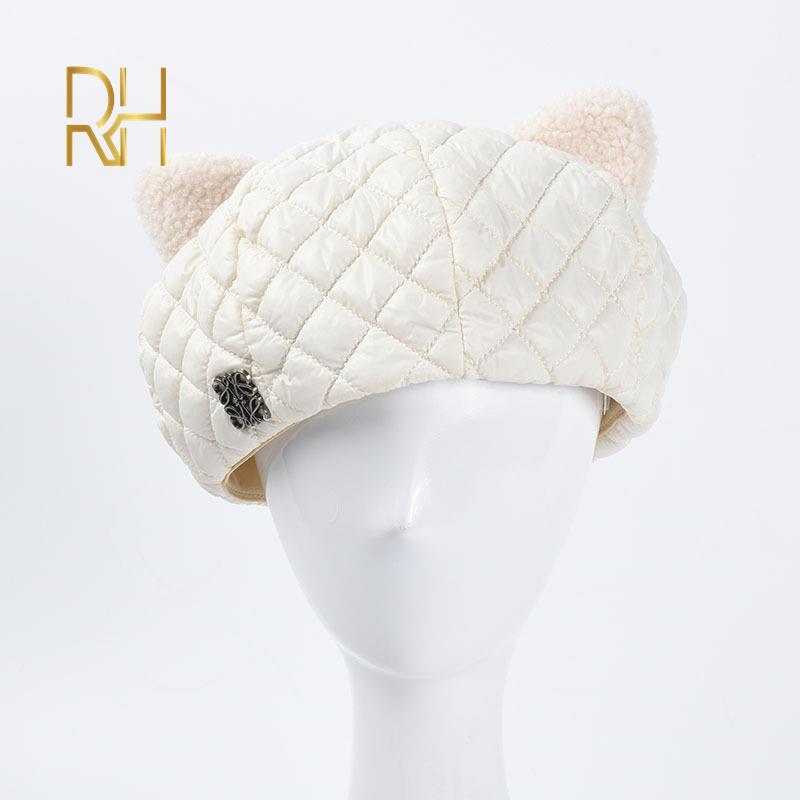 

Women Beret Plaid Hat Winter Warm Painter Cap Top Quality Cute Ear Hat Beanies For Female, White