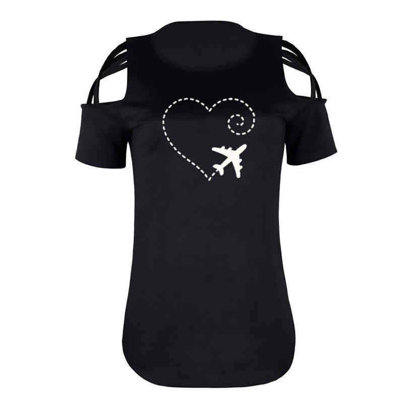 

Airplane Heart Love Print T-shirts Fashion Off Shoulder Short Sleeve T-shirt Harajuku Causal Hollow Out Women Top Summer, White