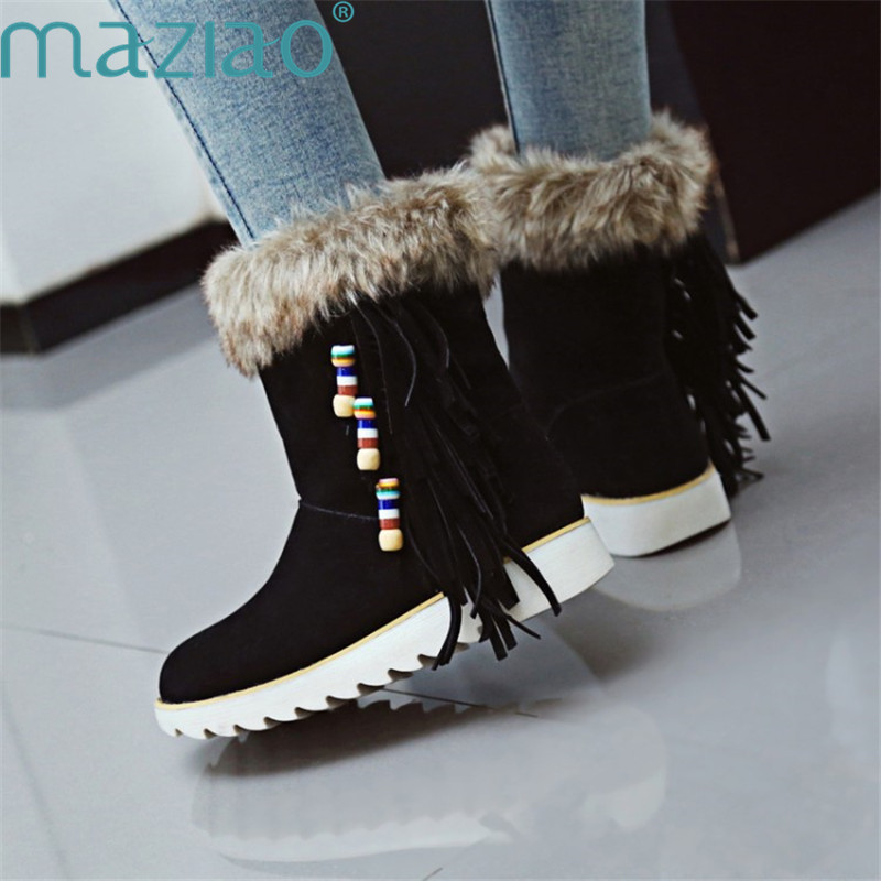 

Women Boots Short Plush Tassels Decorate National Style Flat Heel Casual Winter Boots Women Warm Snow Shoes MAZIAO, Black