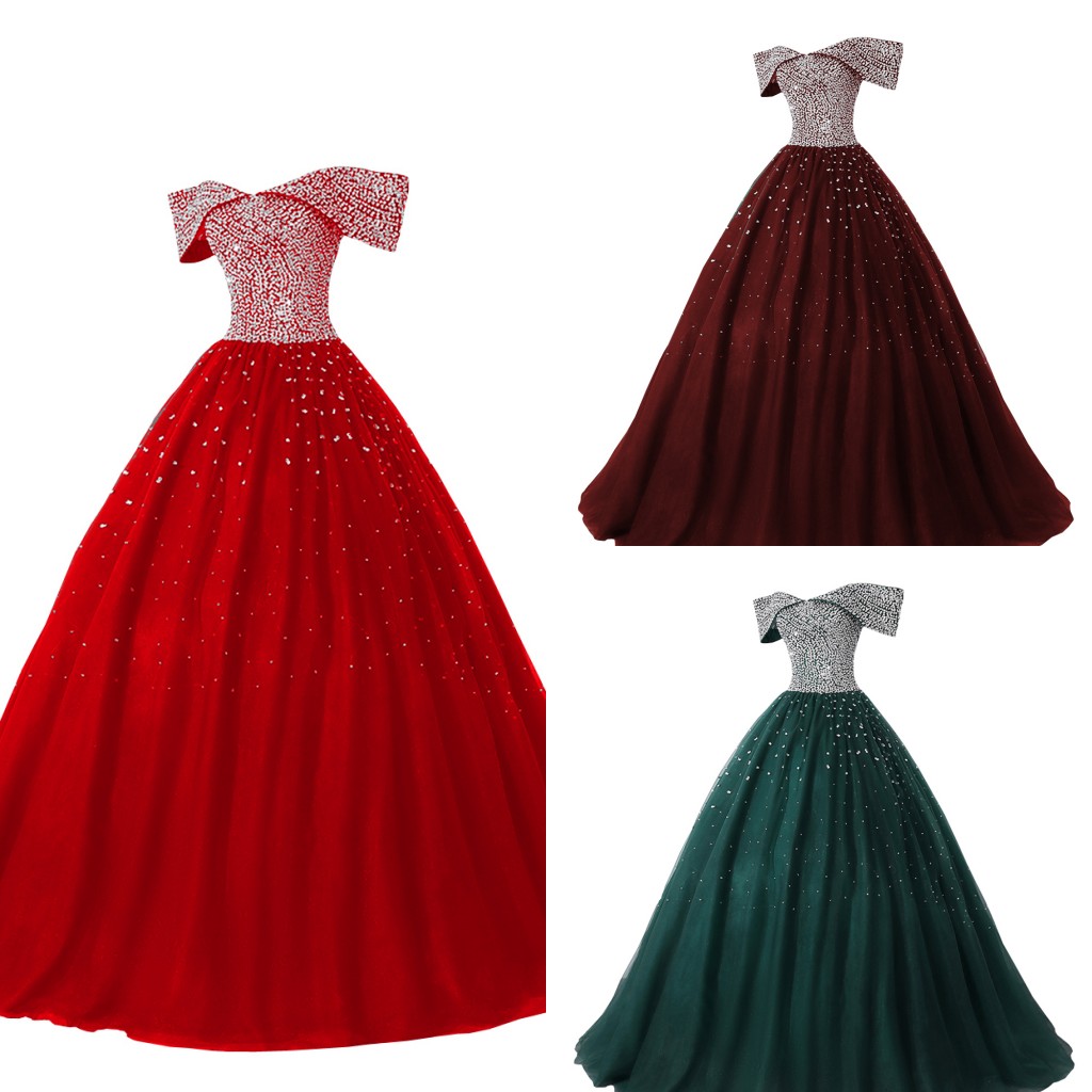 

Stunning Off Shoulder Pageant Dresses Princess Women 2021 Beaded Sequins Tulle Corset Back Prom Quinceanera Dress Long Guest Plus Size, Burgundy