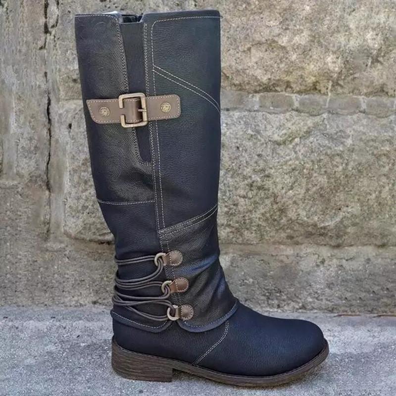 

Side Buckle Retro Shoe European American Flat-bottomed Big Size Ladies Leather Boots Winter Personality Fashion Women Long Boots1, Black