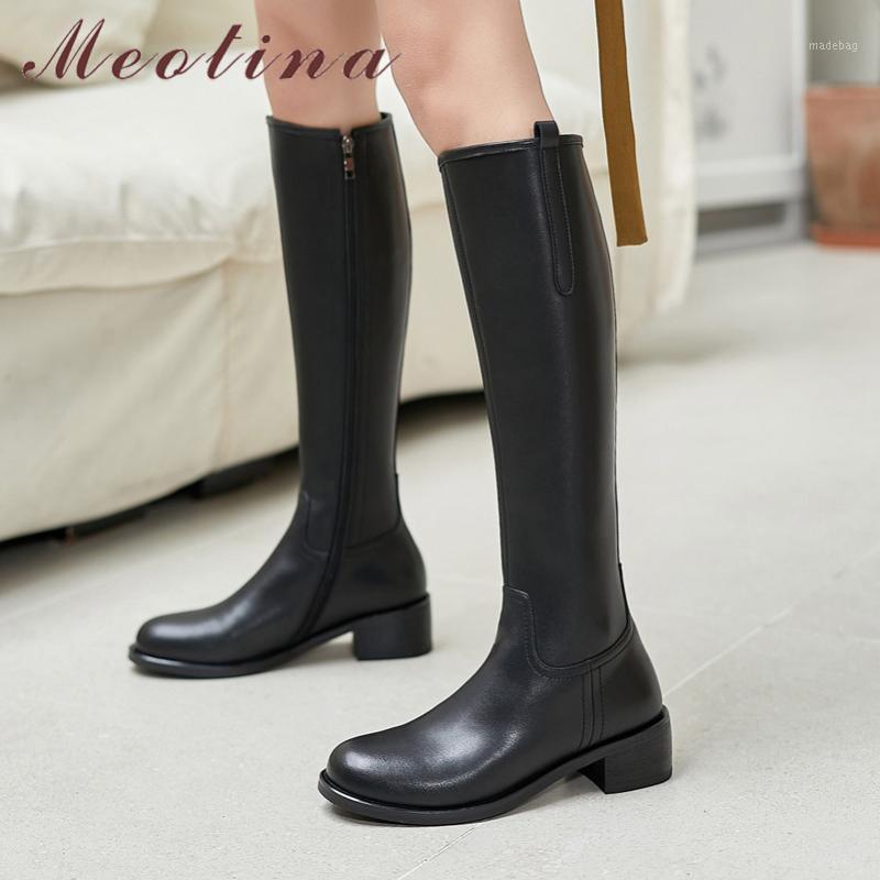 

Meotina Riding Boots Women Shoes Genuine Leather Mid Heel Knee High Boots Thick Heels Zipper Long Lady Autumn Winter 34-421, Black synthetic lin