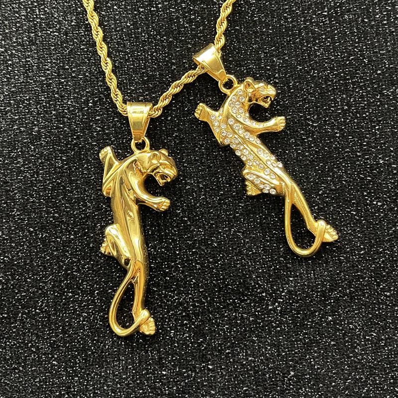 

Pendant Necklaces Hip Hop Gold Color Silver 316L Stainless Steel With Rhinestone Leopard Panther Animal Pendants For Men Rapper Jewelry