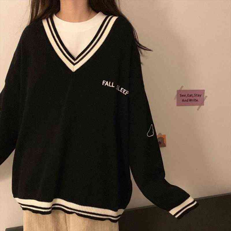 Women Ulzzang Letter Chic Sweaters Vintage V Neck Daily Oversize Girls Pullovers Student Fall Casual All Match Ins Sweater